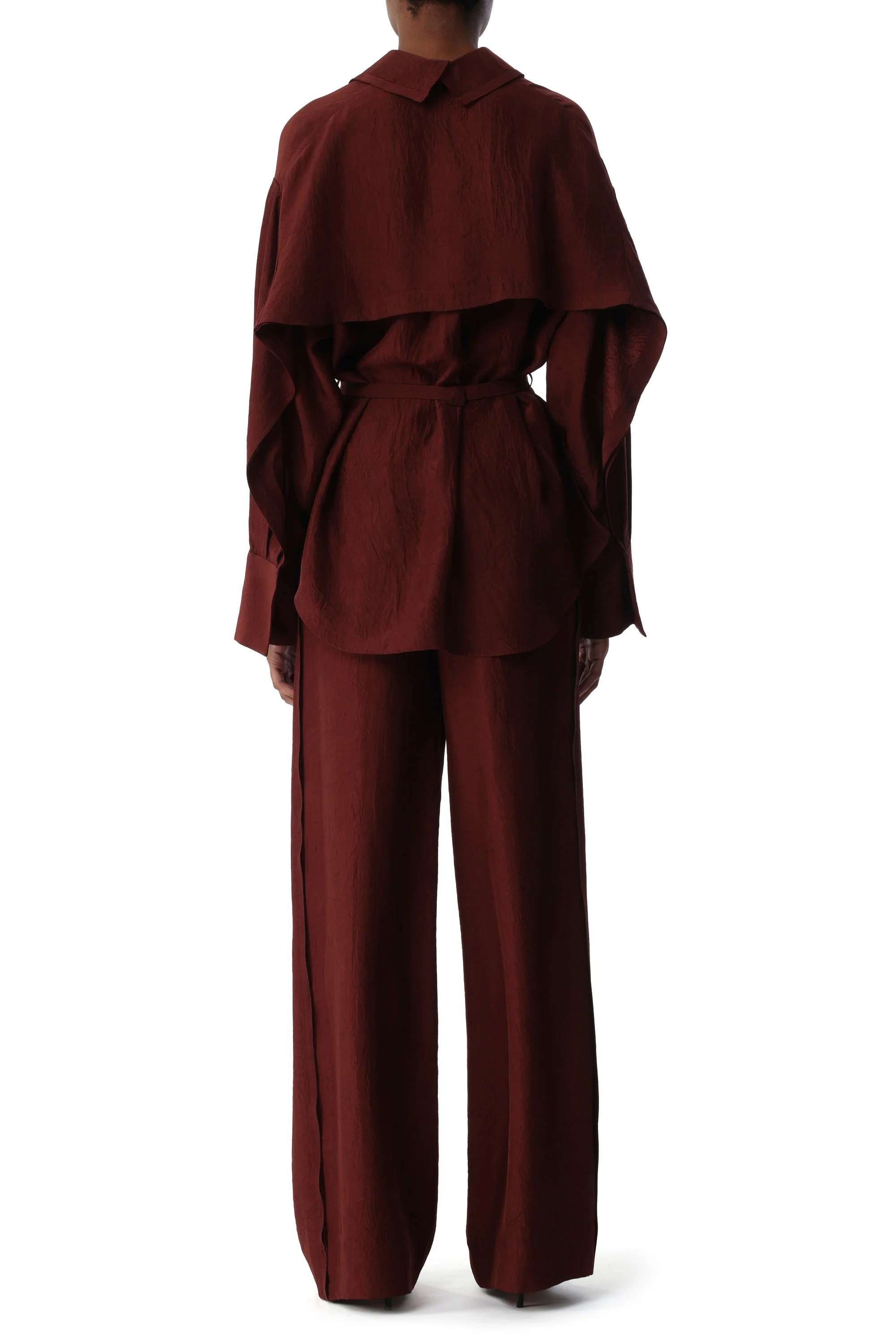 BELTED CRINKLED SATIN OVERSIZE BUTTON-UP - Image 3