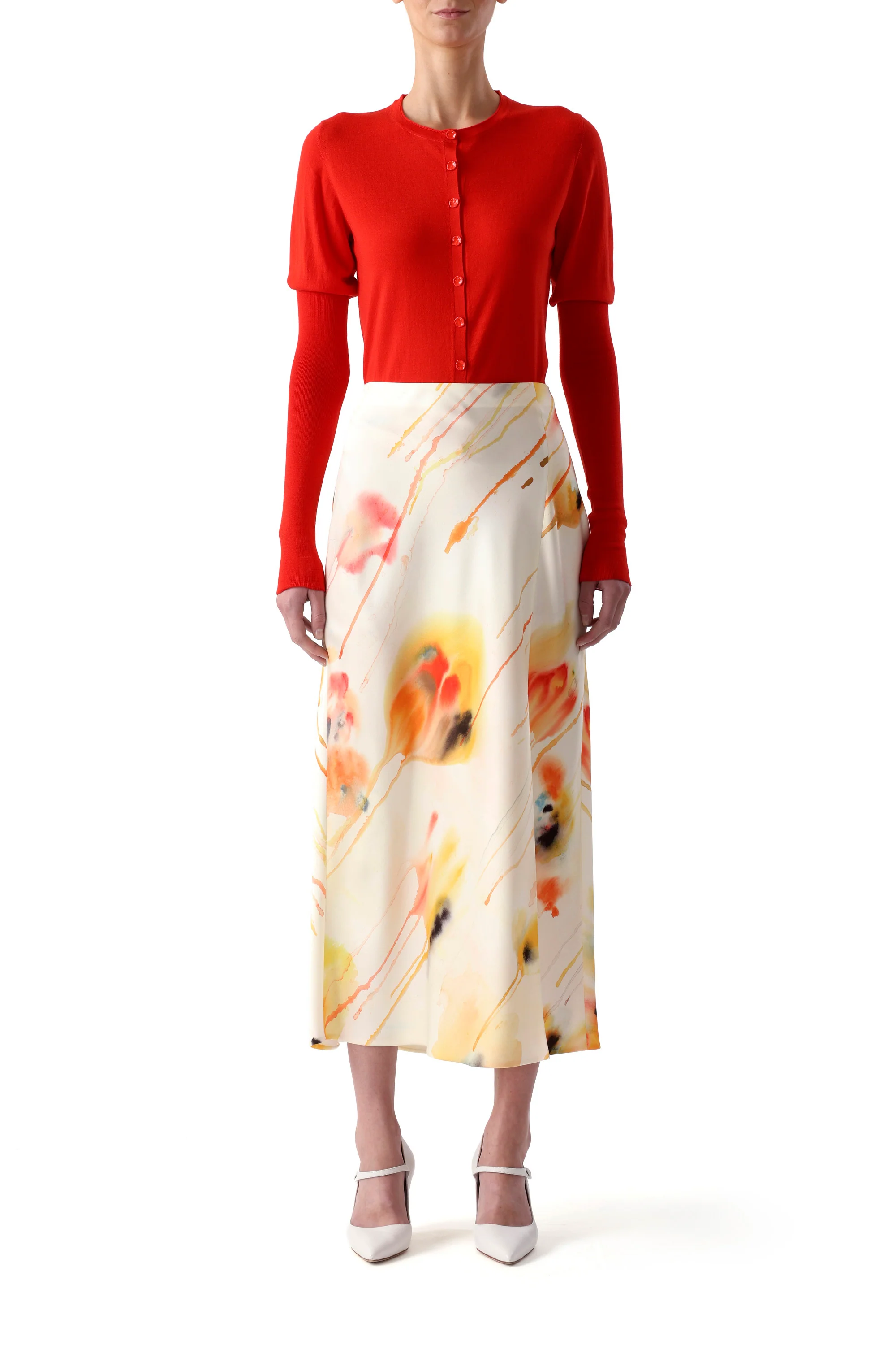 WASHED SATIN WATERCOLOR FLORAL BIAS SLIP PENCIL SKIRT - Image 3
