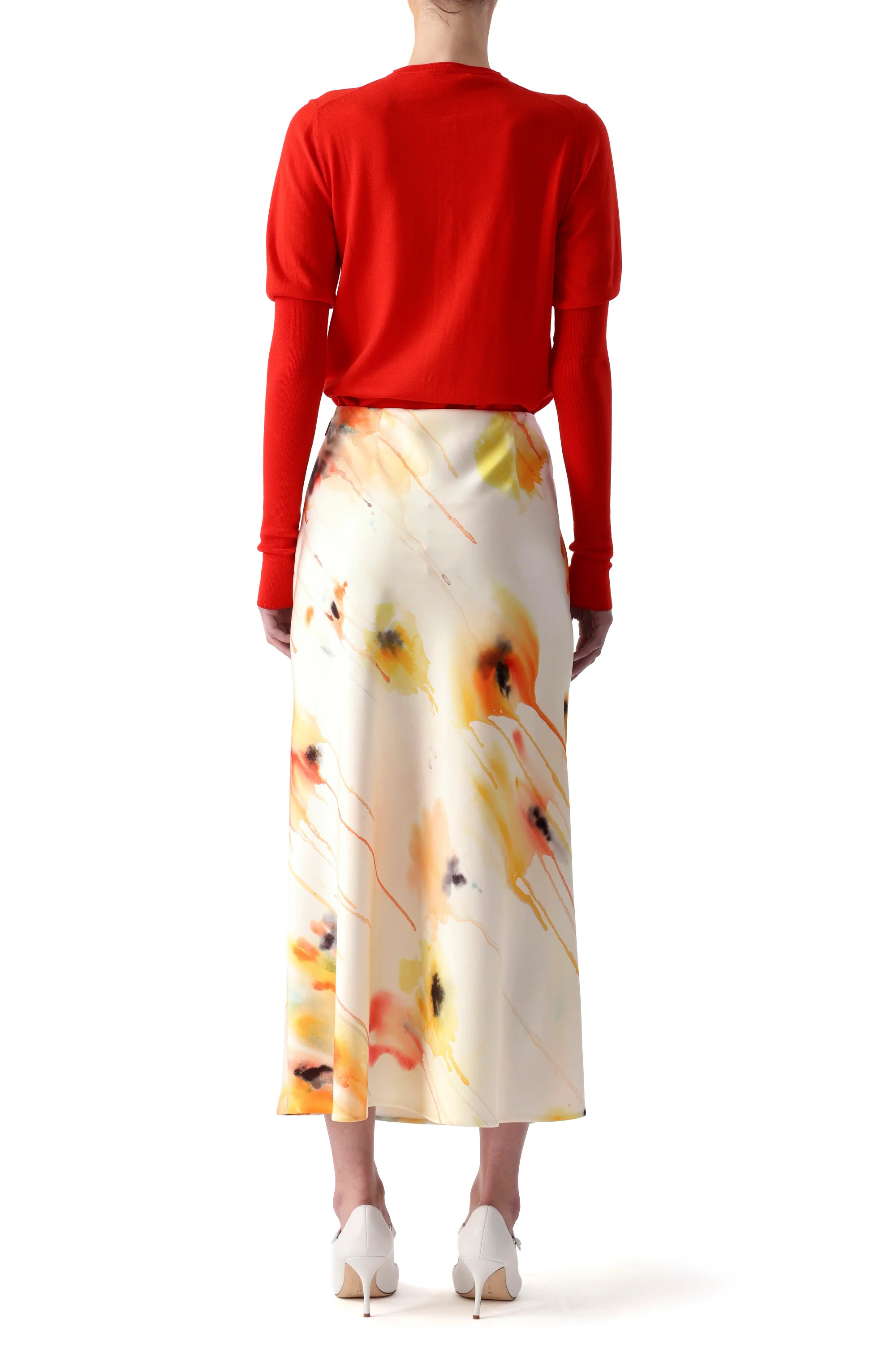 WASHED SATIN WATERCOLOR FLORAL BIAS SLIP PENCIL SKIRT - Image 4